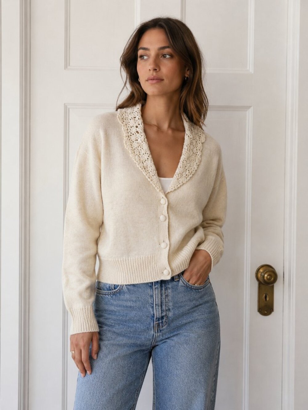 Vintage Braunstyle Ramie Cotton Crochet Collar Cardigan L ✨